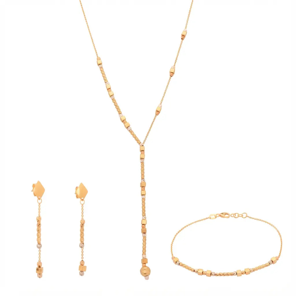 نصف طقم ذهب عيار 18 بتصميم متدلي هندسي - Ghamieh