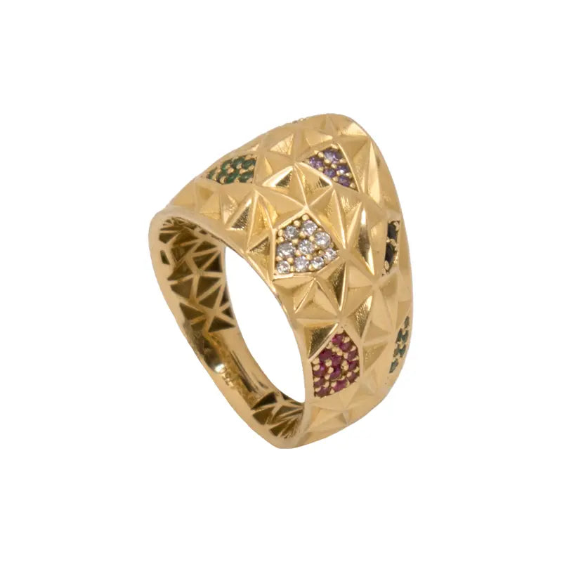 خاتم ذهب عيار 18 مزخرف بفصوص ملونه - Ghamieh