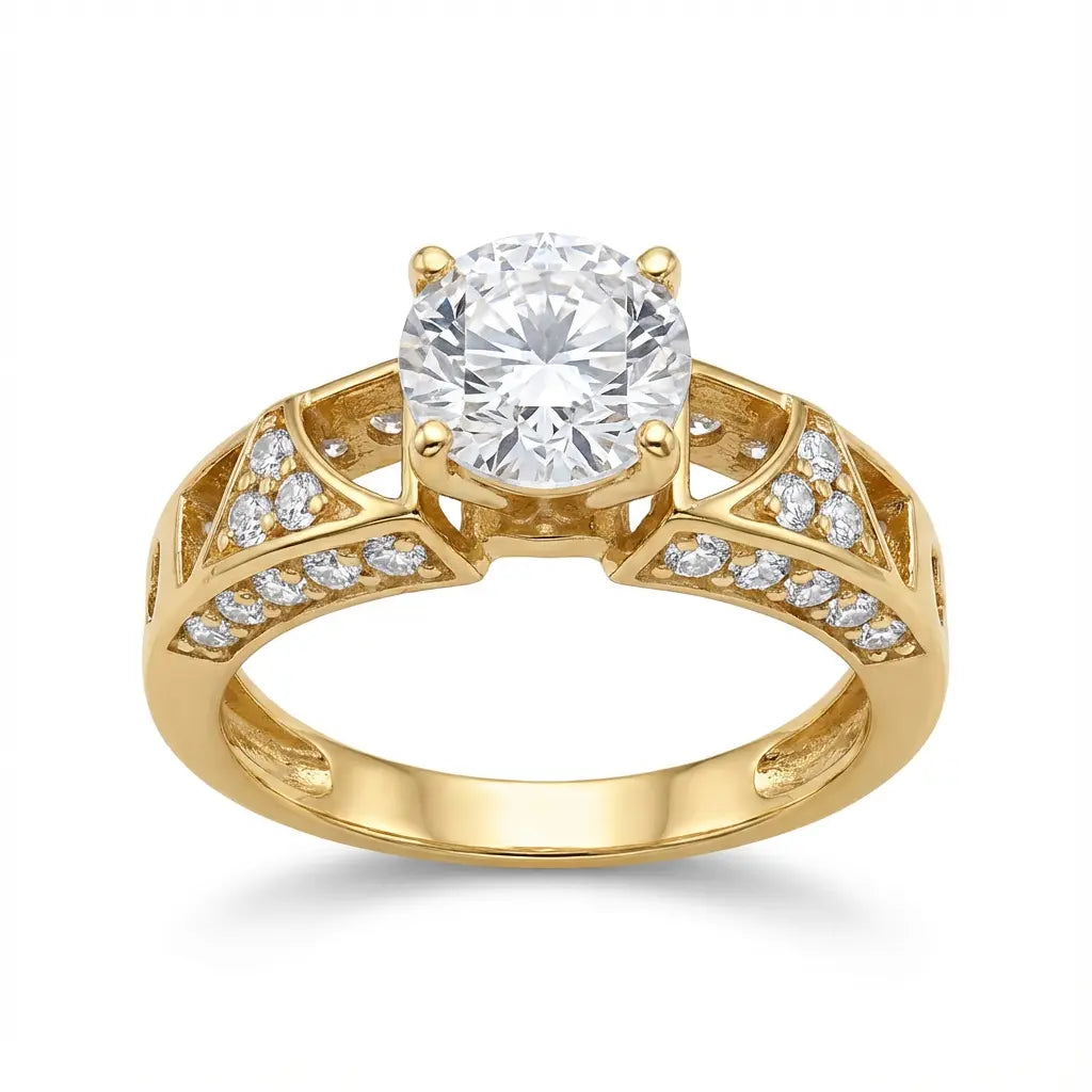 خاتم ذهب عيار 18 بتصميم سوليتير بحجر مركزي كبير مزين بفصوص جانبية