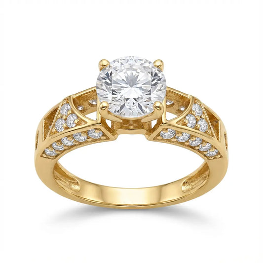 خاتم ذهب عيار 18 بتصميم سوليتير بحجر مركزي كبير مزين بفصوص جانبية