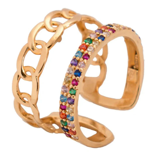 خاتم جنزير ذهب عيار 18 بفصوص ملونة