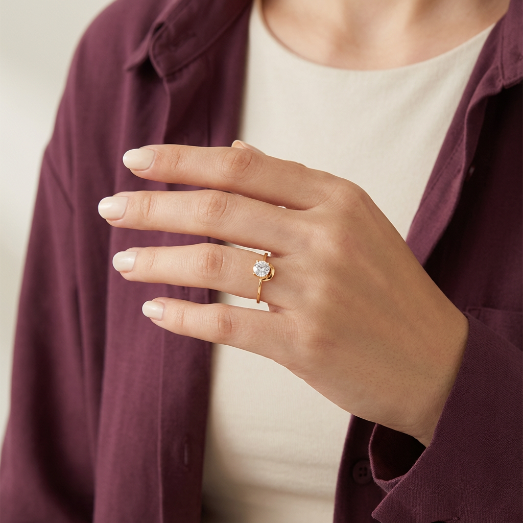 خاتم ذهب عيار 18 بلمسة حجر بيضاوي ناعم - Ghamieh