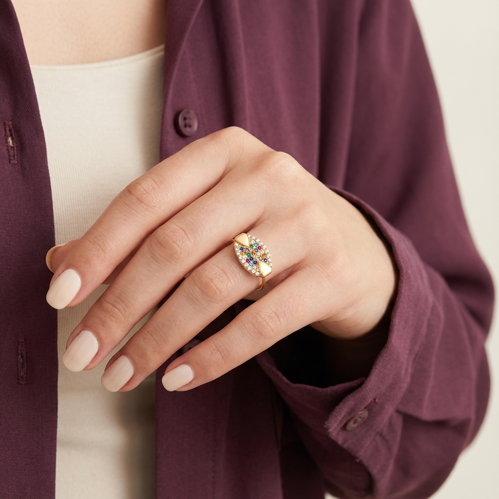 خاتم ذهب عيار 18 بتصميم فيونكة ملونة مع تفاصيل دقيقة وأنيقة.