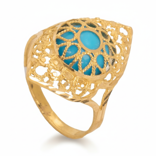 خاتم عيار21 بتصميم شباكة ولون فيروزي - Ghamieh