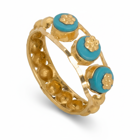 خاتم عيار 21 مرصع بثلاثة أحجار فيروز - Ghamieh