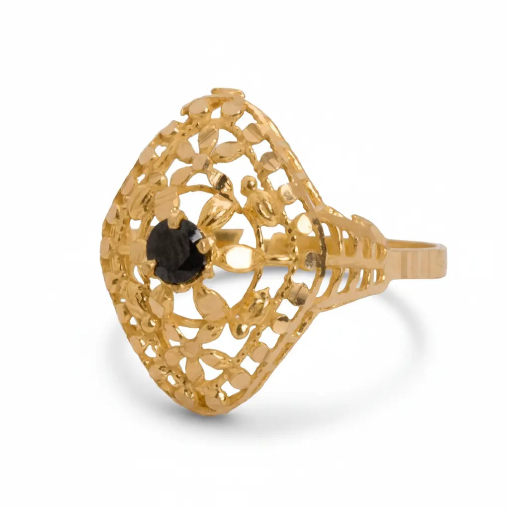 خاتم عيار 21 بتصميم مزخرف بفص أسود - Ghamieh