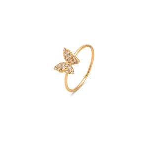 18K Gold Ring with Smiling Butterfly Shiny Stones Design