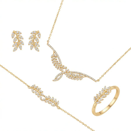 18K Gold Set with A Wheat Stalk Design and Sparkling Stones
