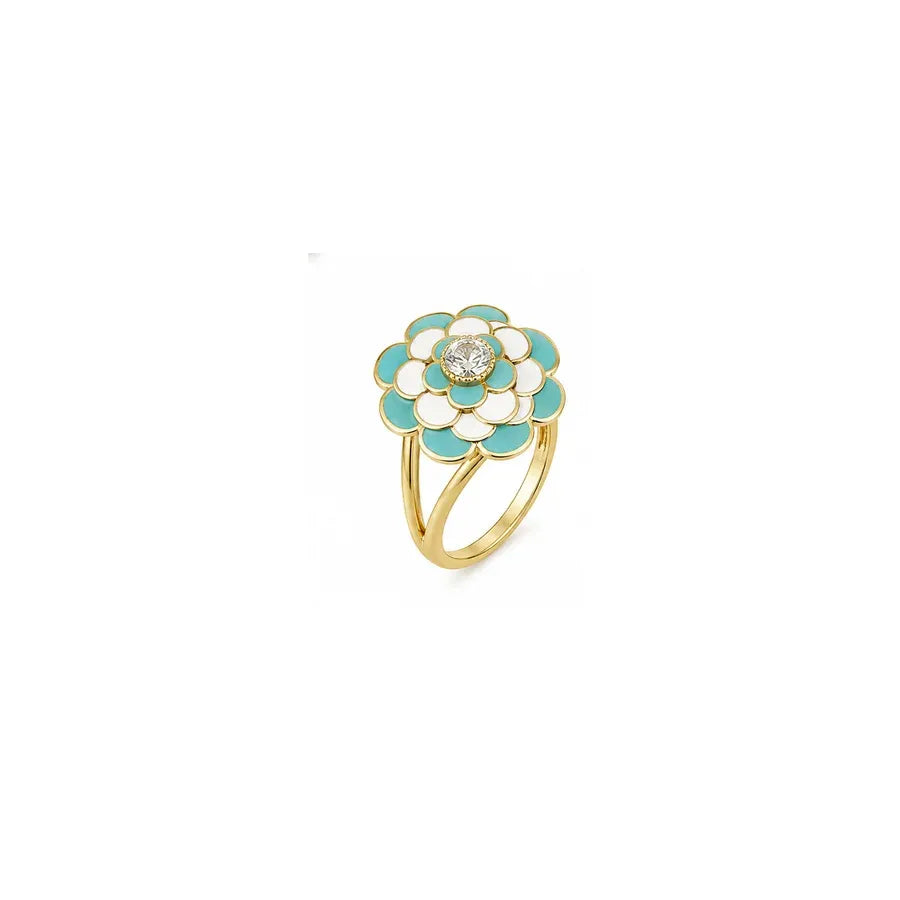 18K Gold Ring with Large Flower Design In Colorful