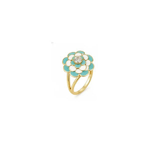 18K Gold Ring with Large Flower Design In Colorful