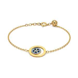18K Gold Chain Bracelet with Circle and Red Flower Design